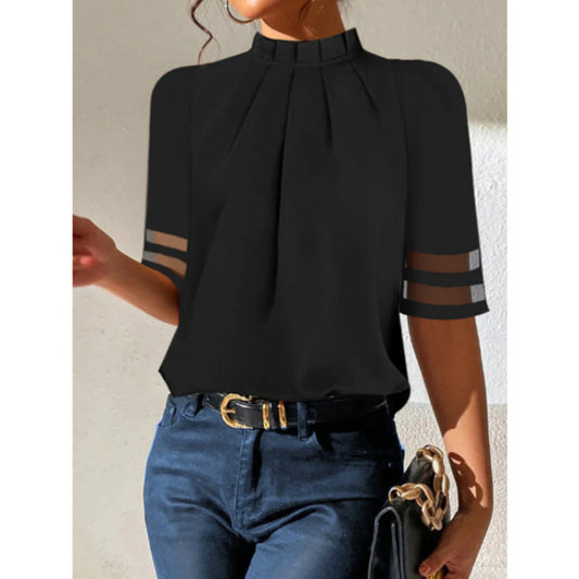Top de cuello alto pequeño plisado de moda negro puro