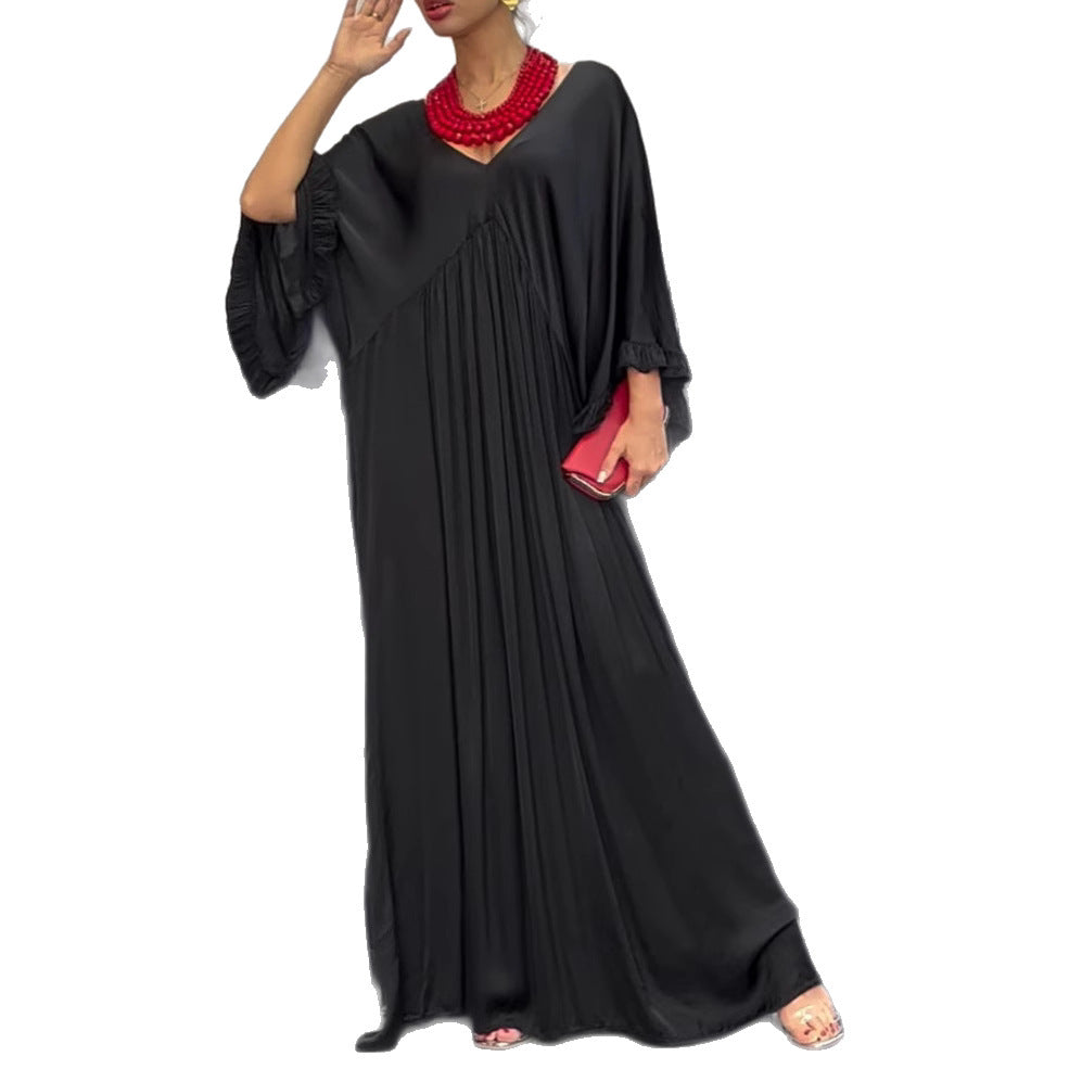 Fashion Casual Satin Ruffle Sleeve Pleated Dress Long Dress