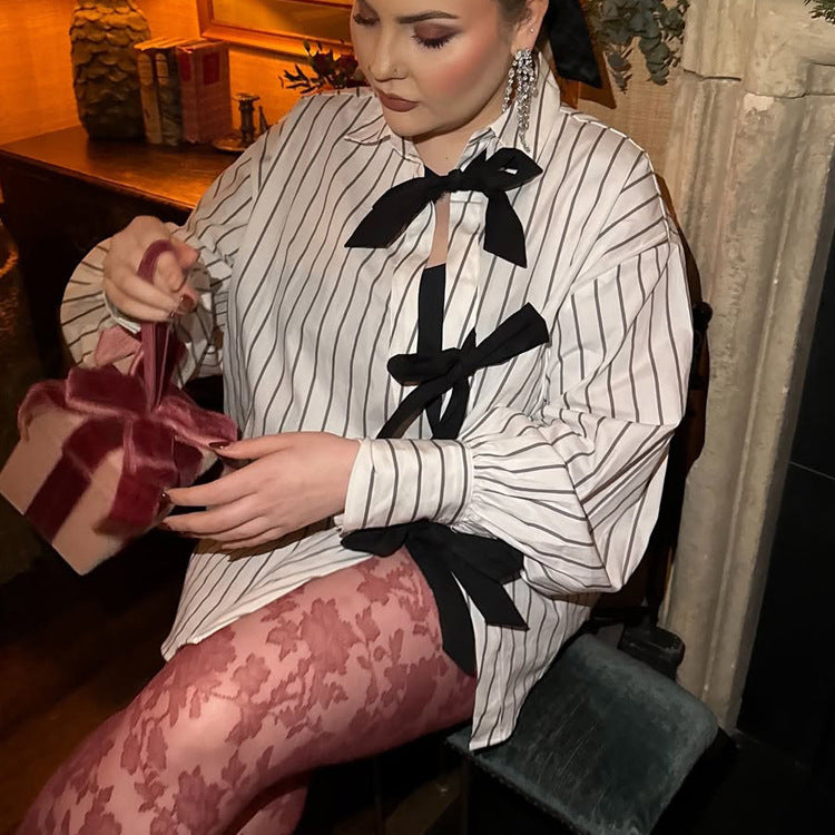 Lapel Long Sleeve Bowknot Lace Printing Striped Shirt