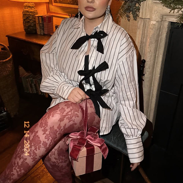Lapel Long Sleeve Bowknot Lace Printing Striped Shirt
