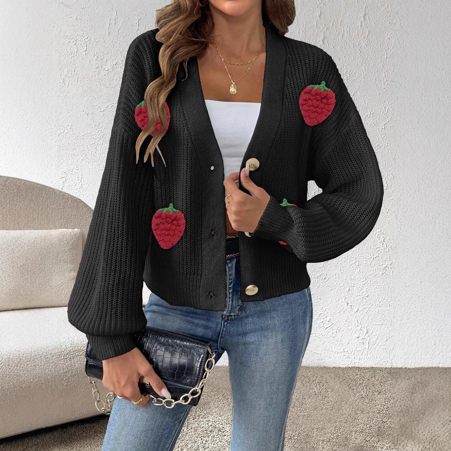Women's Three-dimensional Strawberry Stitching Cute Cardigan Button Coat