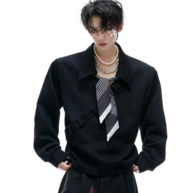 V-neck Patchwork Polo Shirt Loose High-end Long-sleeved Sweater