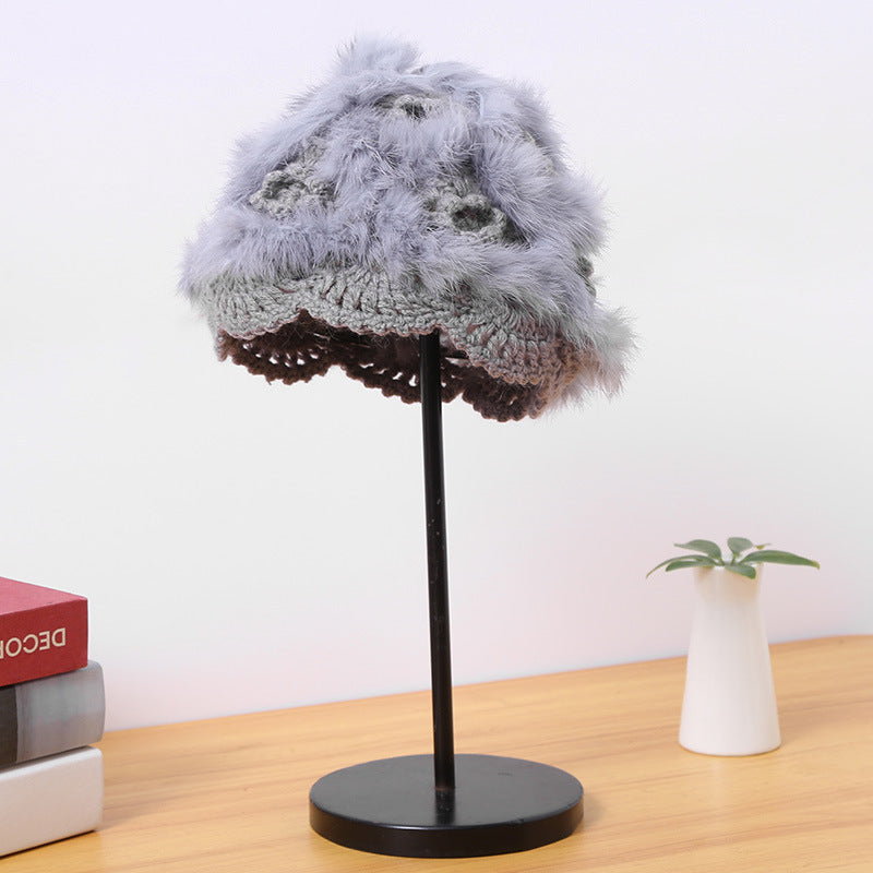 Handmade Rabbit Fur Straw Hat Female White Fur Hat Knitted Woolen Cap