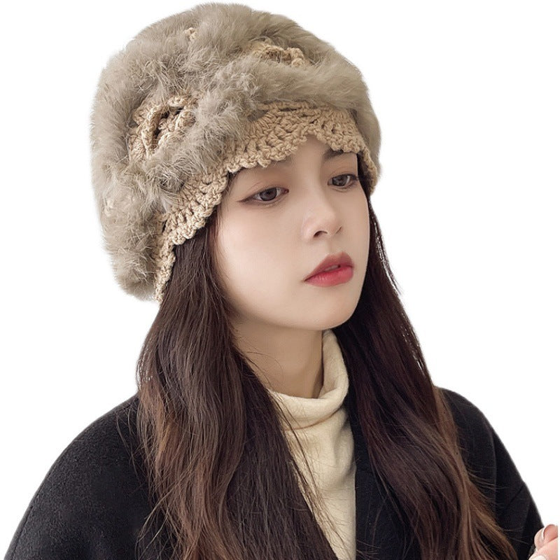 Handmade Rabbit Fur Straw Hat Female White Fur Hat Knitted Woolen Cap