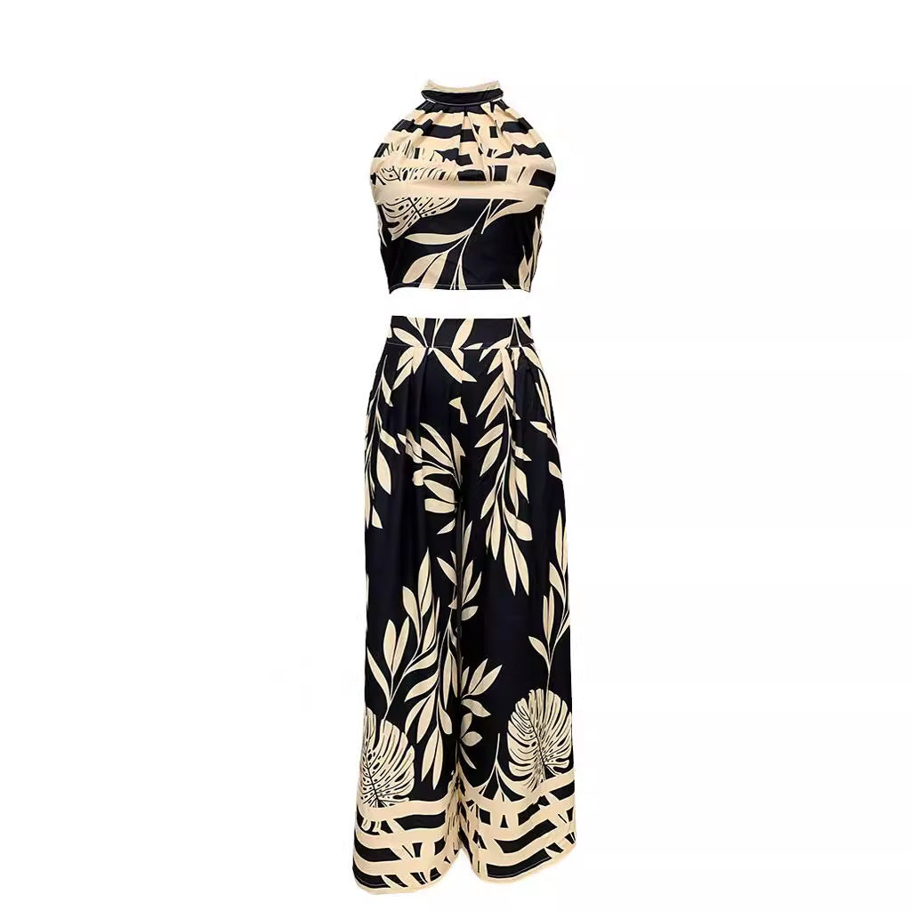 Temperament Printed Halter Backless Straight-leg Pants Two-piece Set