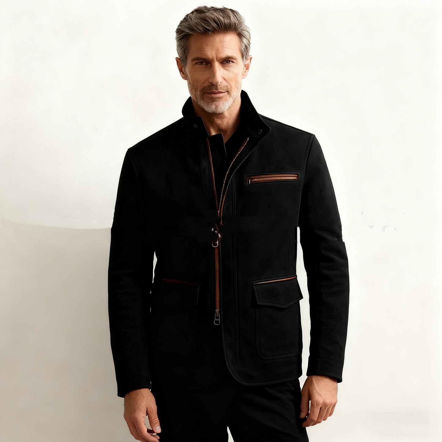 Mens Stand-Up Collar Zip-Up Jacket Casual Vintage Outerwear
