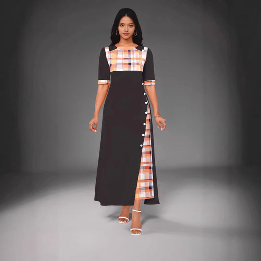 Round Neck Contrast Medium Sleeve Long Dress