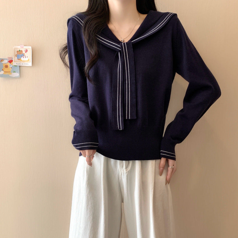 Sailor Collar Lace-up Striped Knitted Coat Women's Sweater