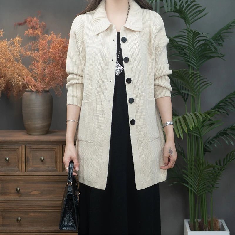 High Polo Collar Women's Sweater Single-breasted Knitted Cardigan