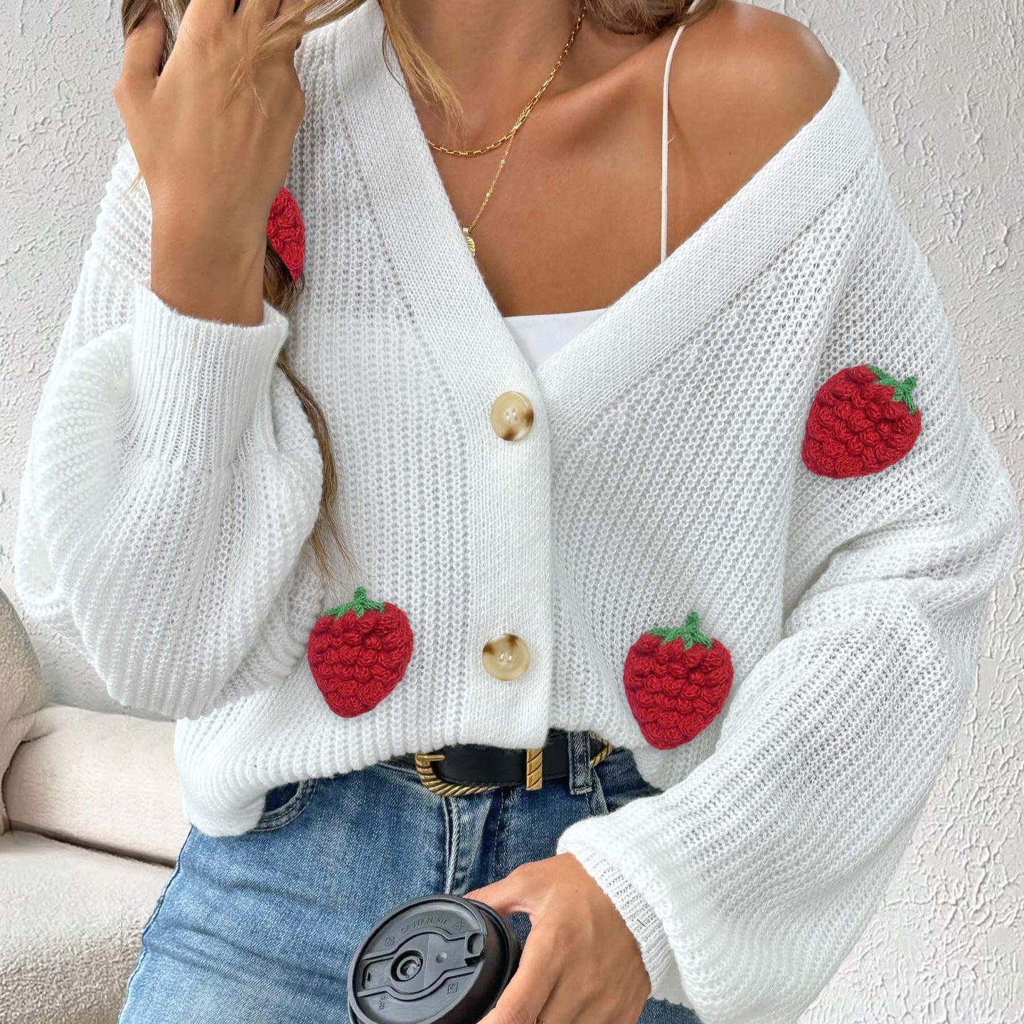 Women's Three-dimensional Strawberry Stitching Cute Cardigan Button Coat