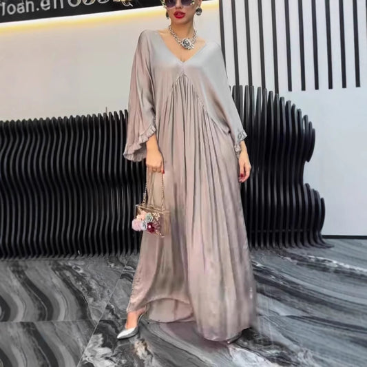 Fashion Casual Satin Ruffle Sleeve Pleated Dress Long Dress