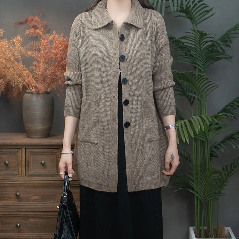 High Polo Collar Women's Sweater Single-breasted Knitted Cardigan