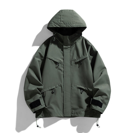 Japanese Style Retro Zippered Pocket Hooded Loose Fit Functional Shell Jacket