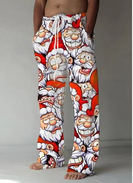 Mens Casual Santa Claus-print Pants With A Drawstring And A Relaxed Fit