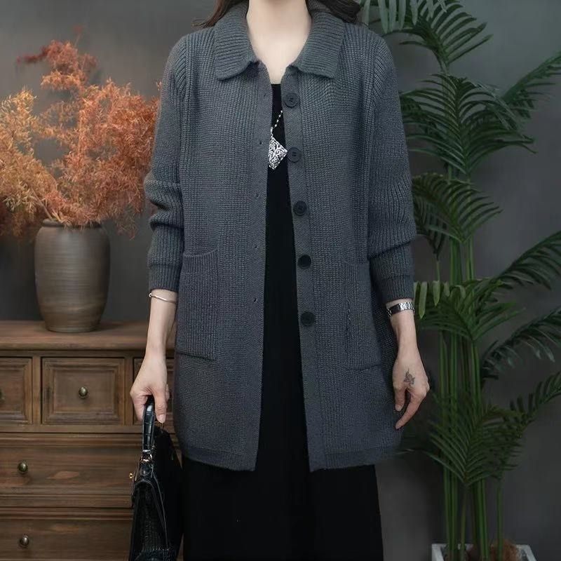 High Polo Collar Women's Sweater Single-breasted Knitted Cardigan