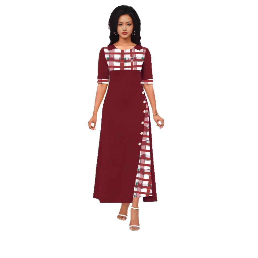 Round Neck Contrast Medium Sleeve Long Dress