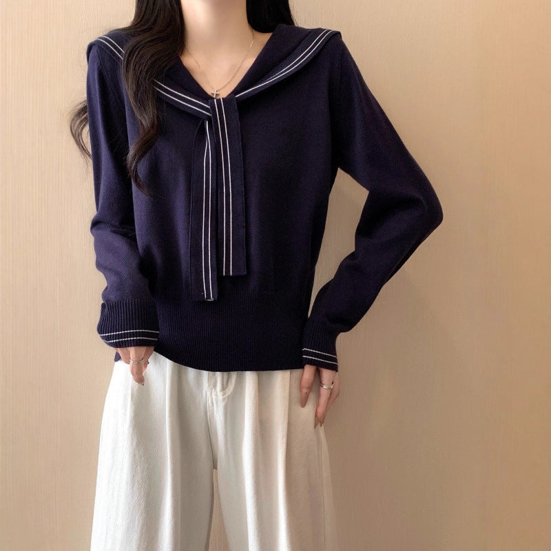 Sailor Collar Lace-up Striped Knitted Coat Women's Sweater