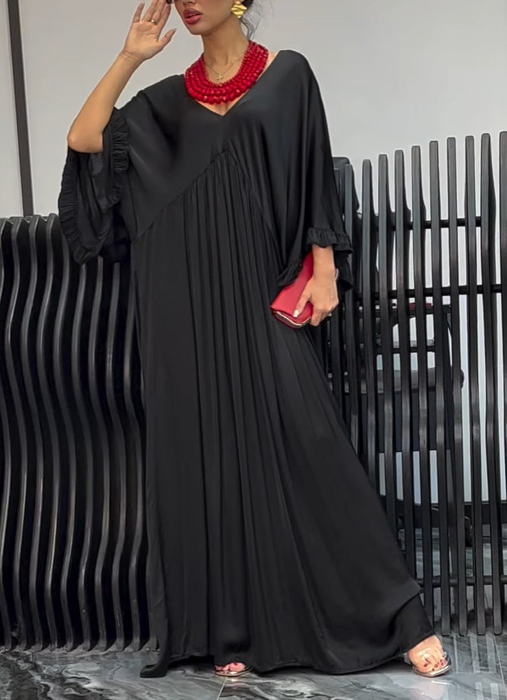 Fashion Casual Satin Ruffle Sleeve Pleated Dress Long Dress