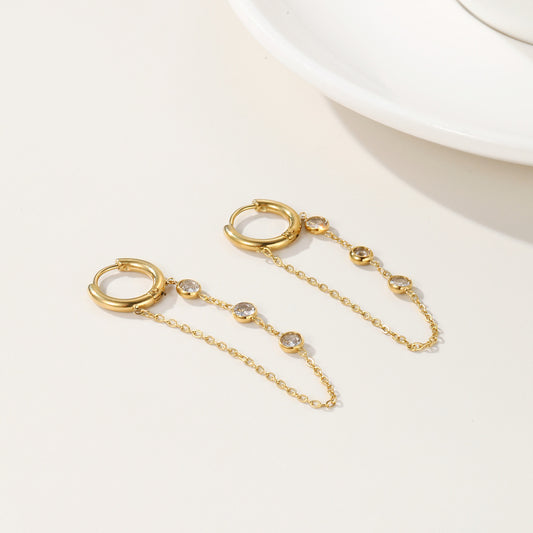 Internet Hot Chain Zircon Tassel Titanium Steel Earrings