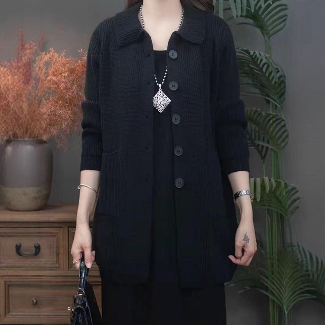 High Polo Collar Women's Sweater Single-breasted Knitted Cardigan