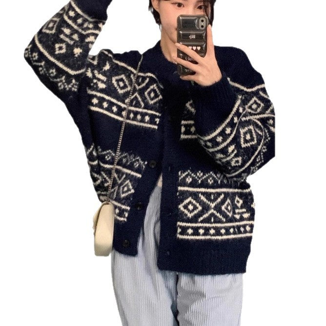 Casual Women's Sweater Geometric Pattern Round Neck Knitted Cardigan