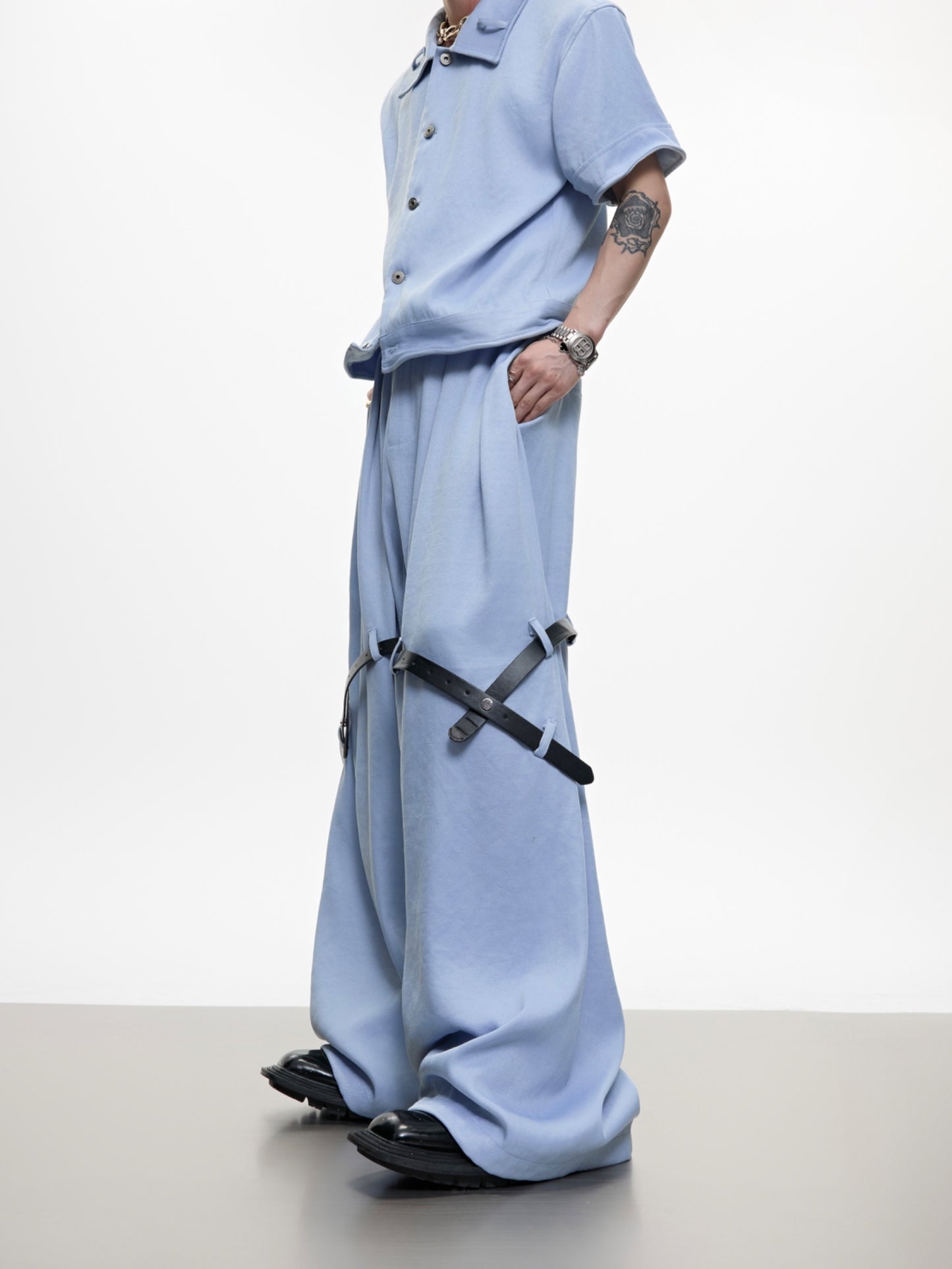 Ice Solid Color Advanced Suit Belt Stitching Pants