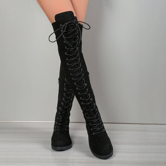 European And American Lace-up Over The Knee Boots Round Head