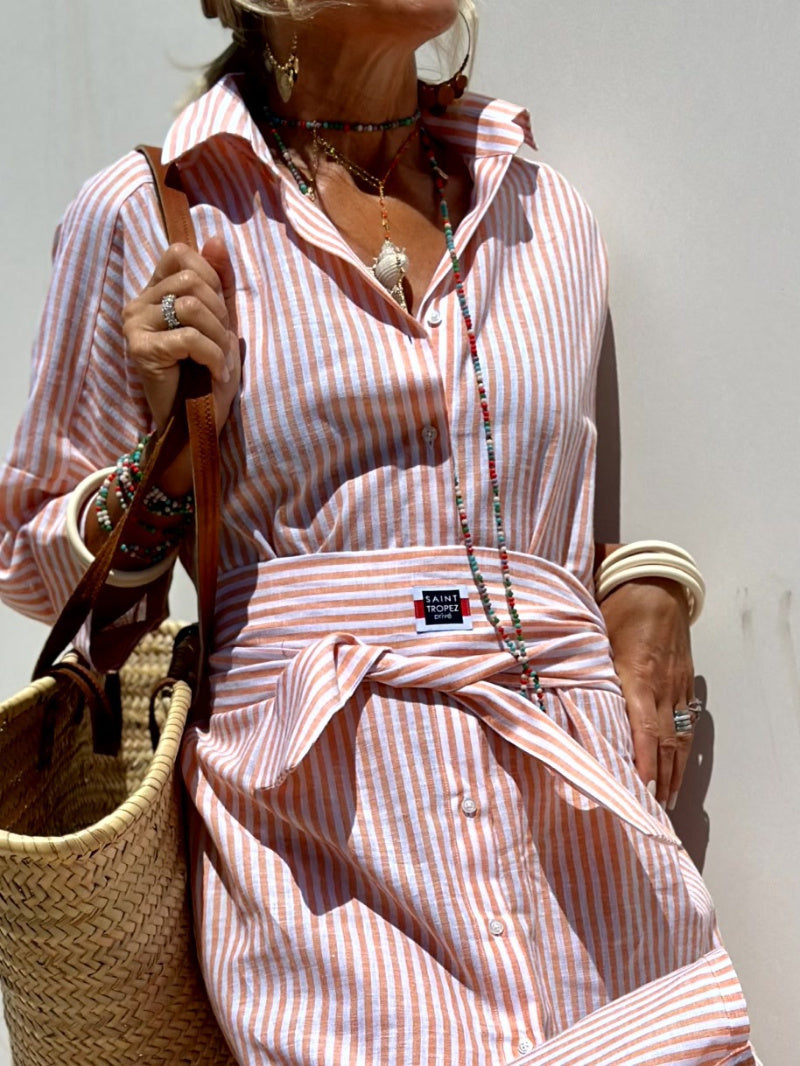 Mid-length Five-quarter Sleeve Striped Cardigan Lapel Shirt Dress