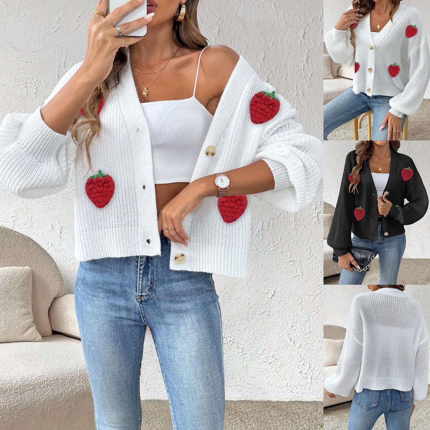 Women's Three-dimensional Strawberry Stitching Cute Cardigan Button Coat