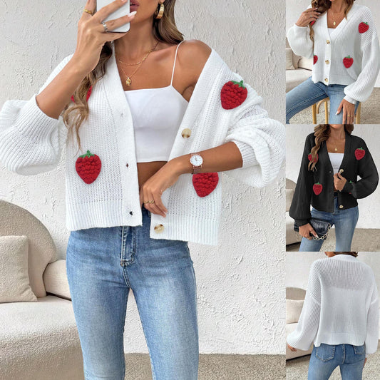Women's Three-dimensional Strawberry Stitching Cute Cardigan Button Coat
