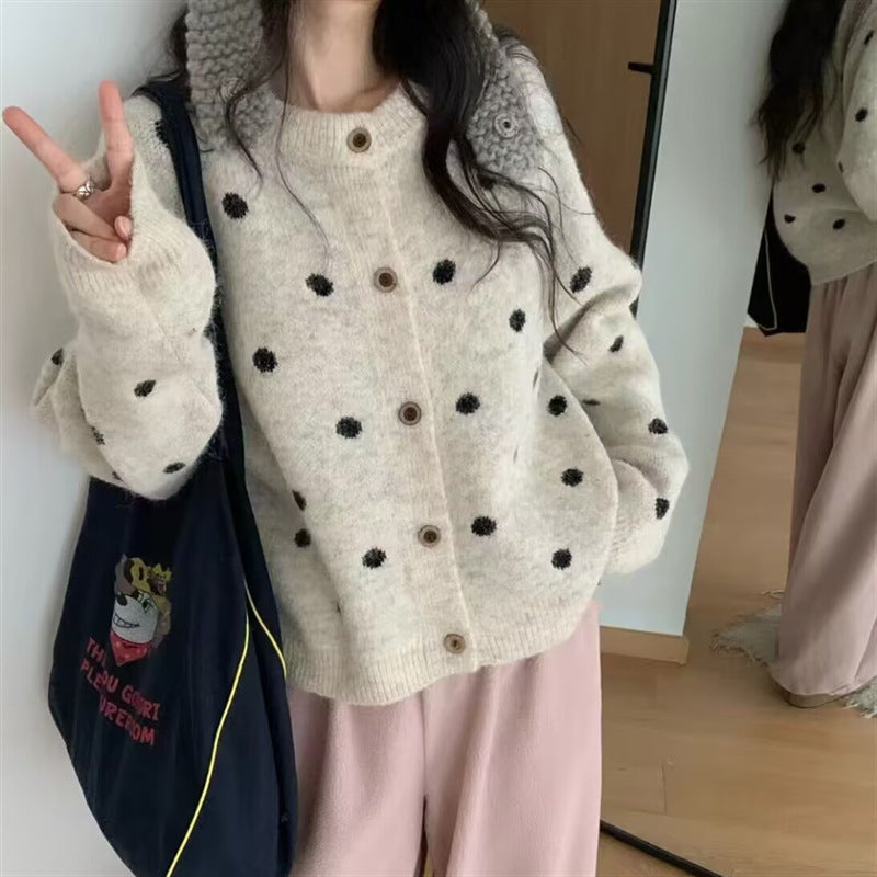 Loose Casual Sweater Polka Dot Round Neck Button Women's Sweater