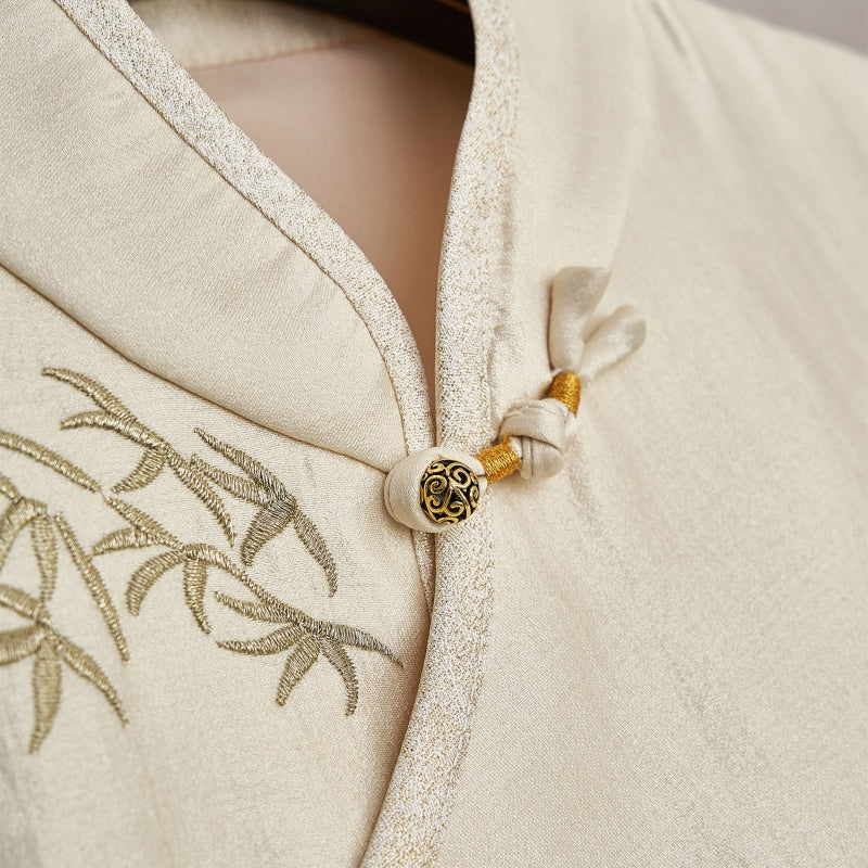 Elegant New Chinese-style Set Bamboo Embroidery Slanted Placket Stand Collar Vest Top