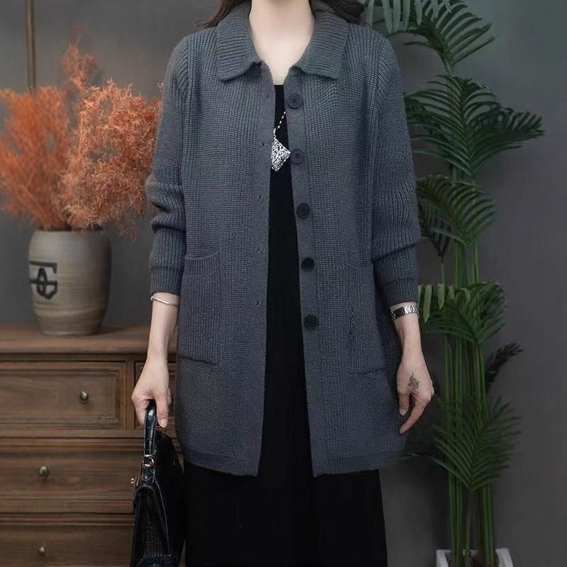 High Polo Collar Women's Sweater Single-breasted Knitted Cardigan