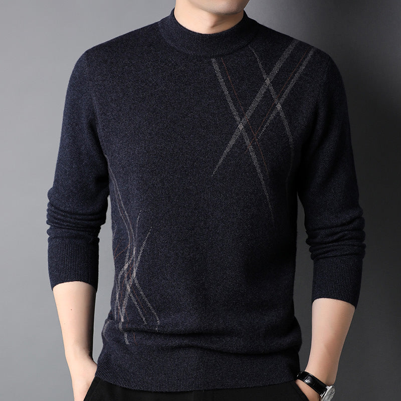 Mens Simple Versatile Long-Sleeve Striped Crew-Neck Casual Sweater