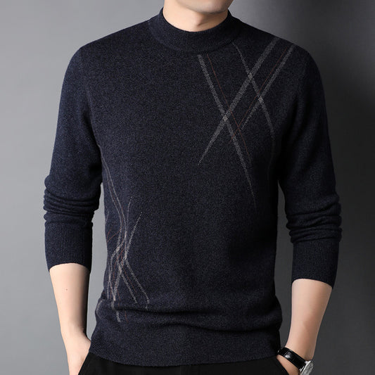 Mens Simple Versatile Long-Sleeve Striped Crew-Neck Casual Sweater