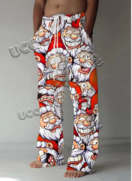 Mens Casual Santa Claus-print Pants With A Drawstring And A Relaxed Fit