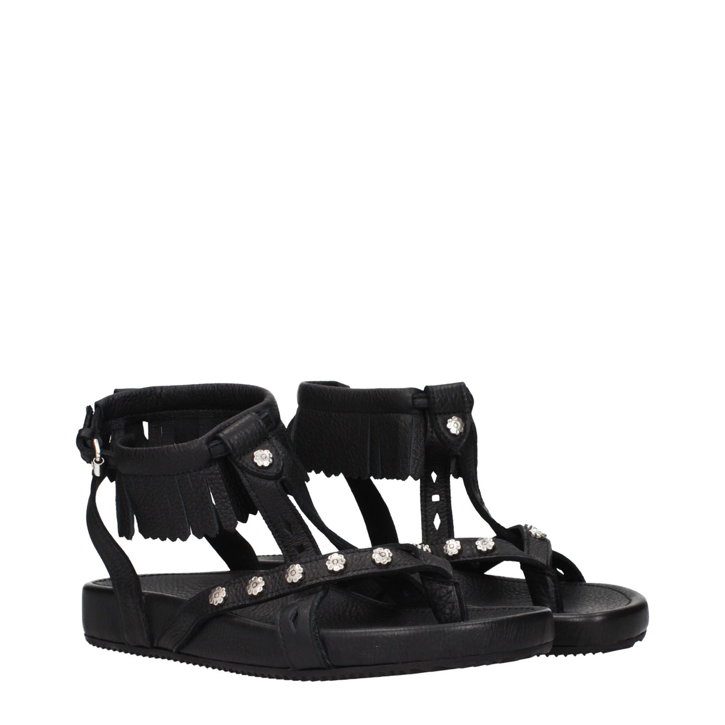 Black Leather Flat Sandals