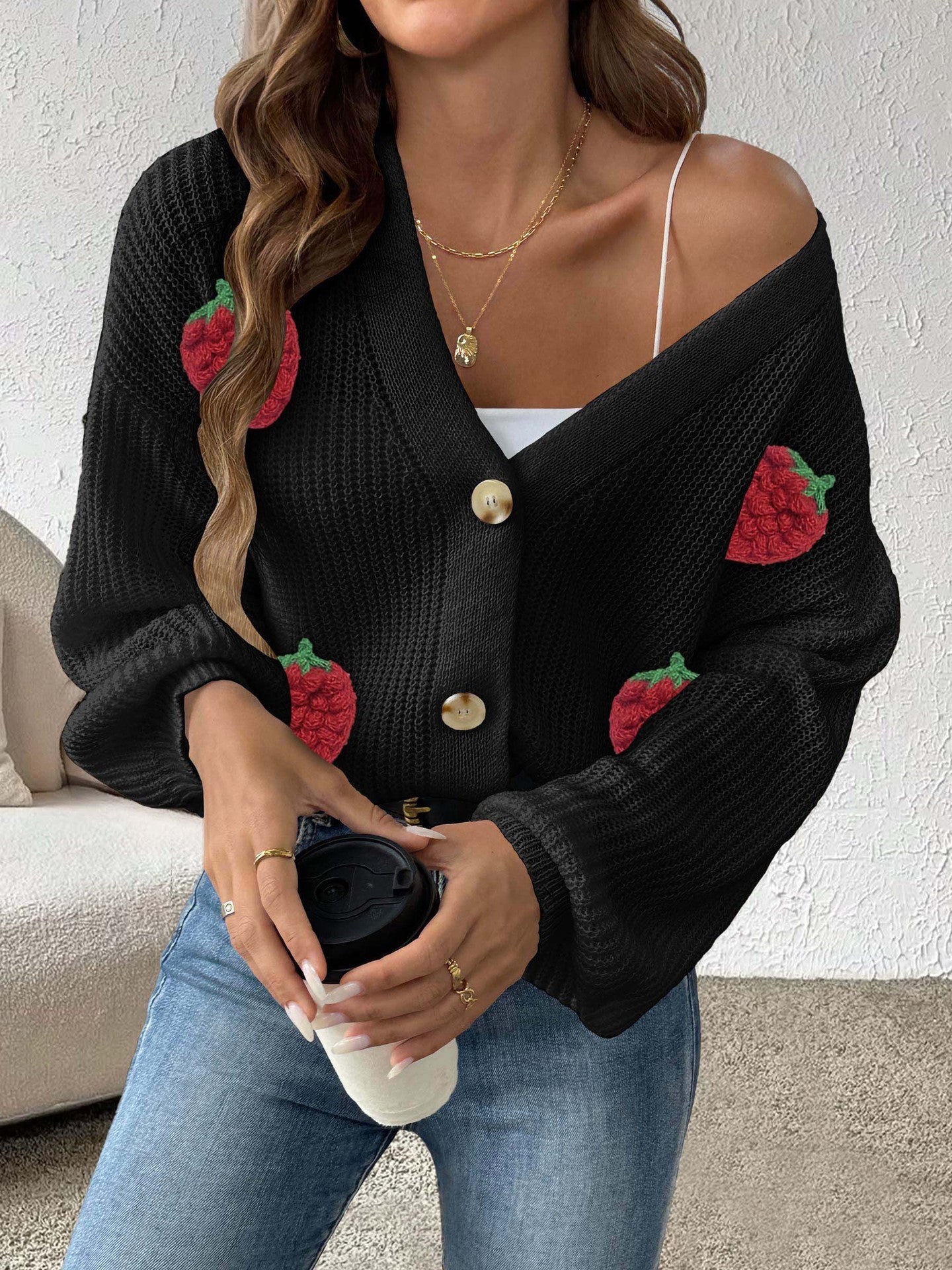 Women's Three-dimensional Strawberry Stitching Cute Cardigan Button Coat