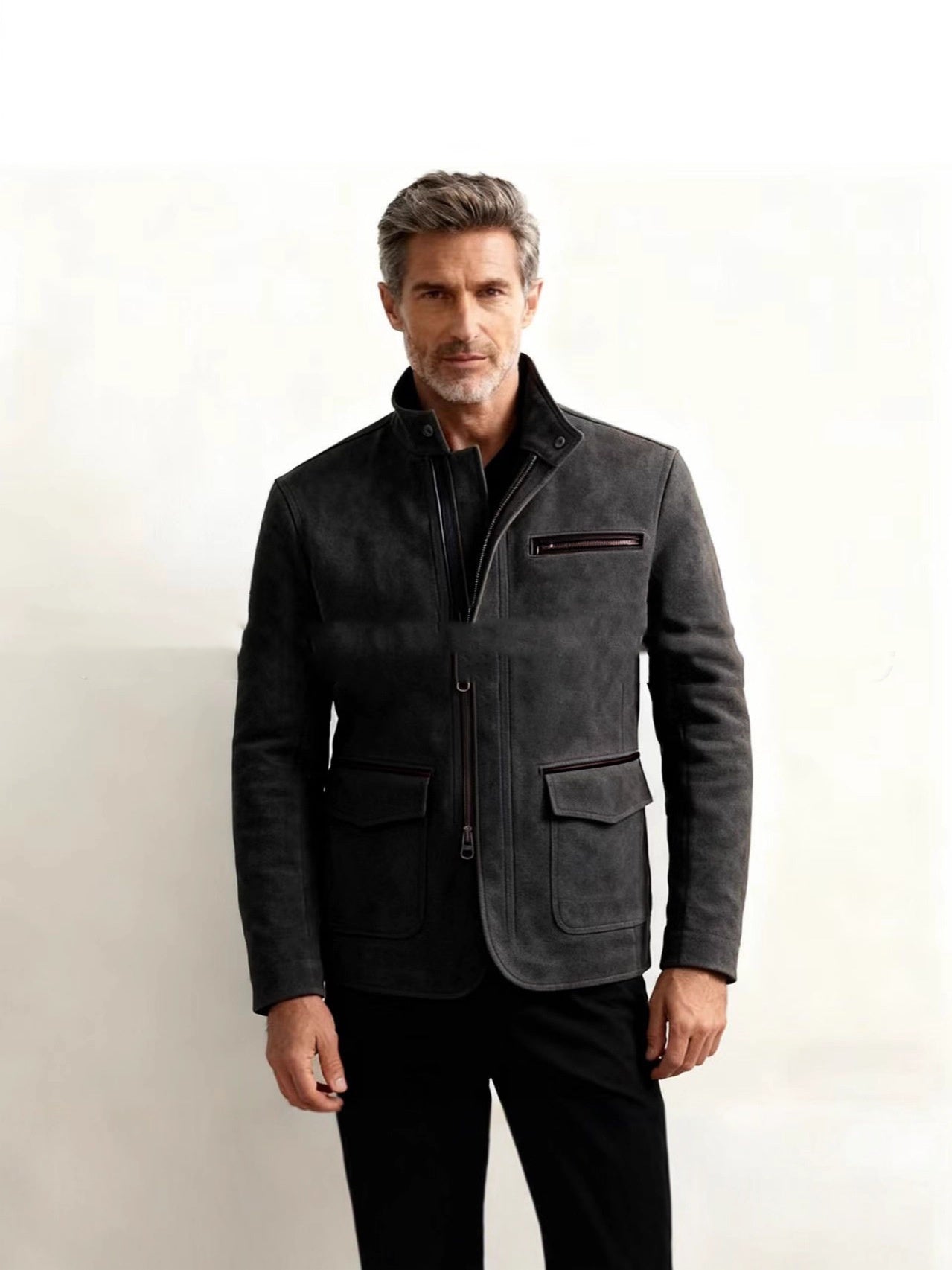 Mens Stand-Up Collar Zip-Up Jacket Casual Vintage Outerwear