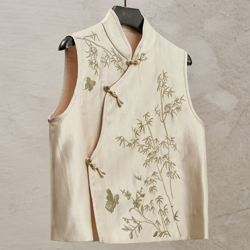 Elegant New Chinese-style Set Bamboo Embroidery Slanted Placket Stand Collar Vest Top