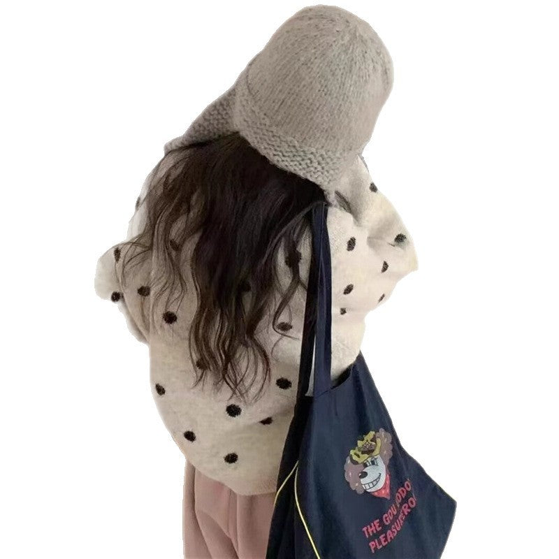 Loose Casual Sweater Polka Dot Round Neck Button Women's Sweater