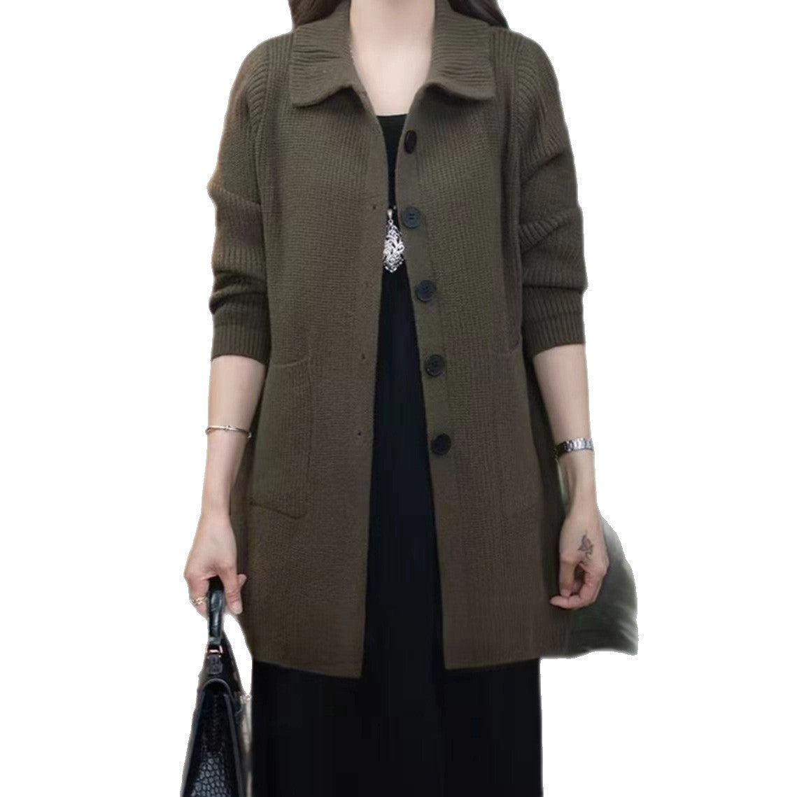 High Polo Collar Women's Sweater Single-breasted Knitted Cardigan