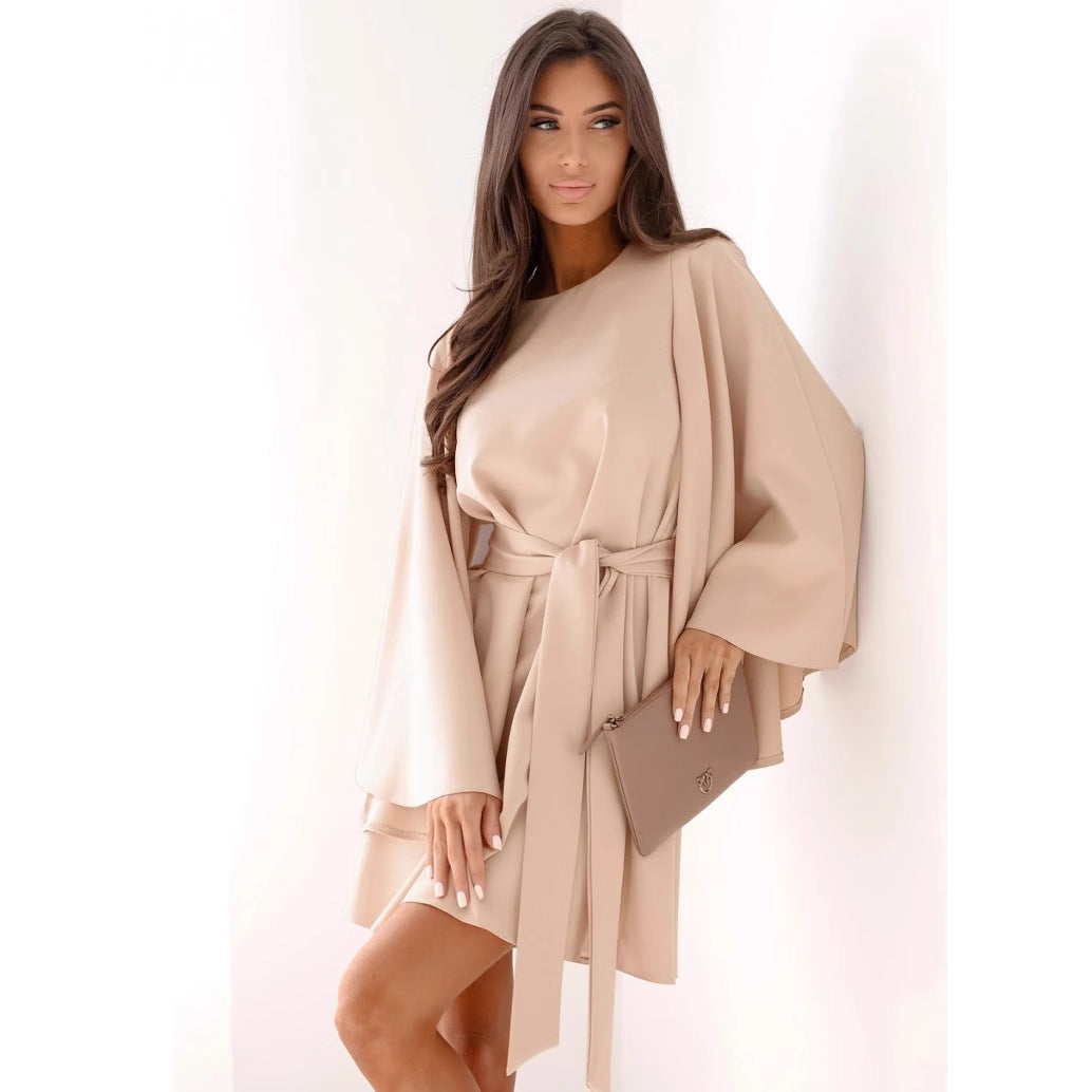 Autumn Fashion Solid Color Round-neck Flared Sleeves Lace-up Waist Dress