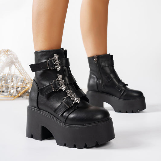 Women's Thick-soled Ankle Boots With Belt Buckle Decoration
