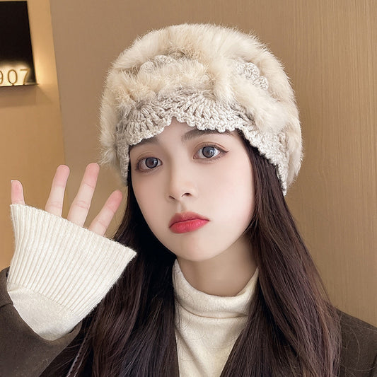 Handmade Rabbit Fur Straw Hat Female White Fur Hat Knitted Woolen Cap