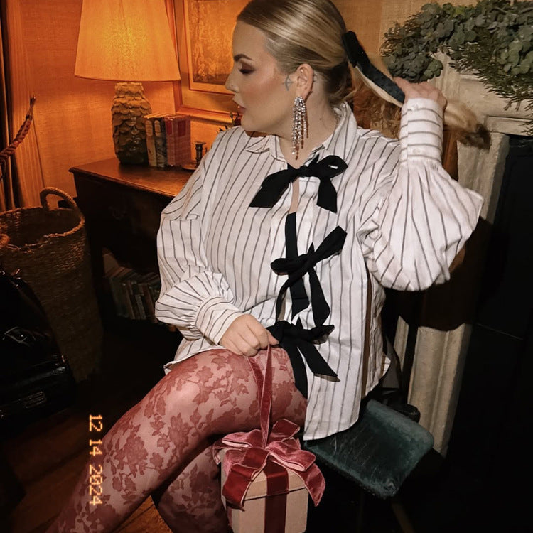 Lapel Long Sleeve Bowknot Lace Printing Striped Shirt