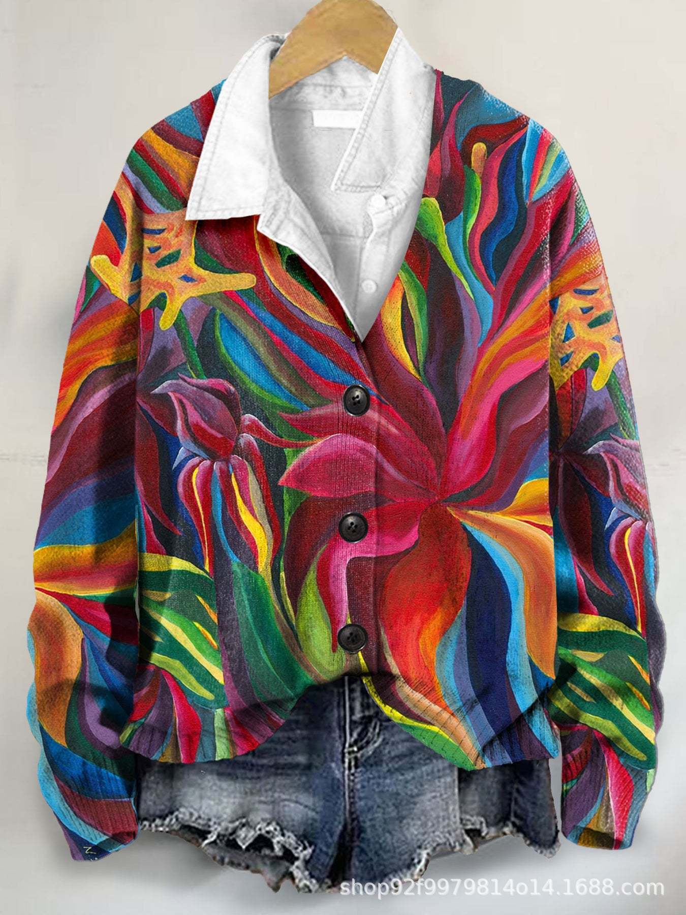 3D Flower Pattern Printing Autumn And Winter Casual Long Sleeve Coat