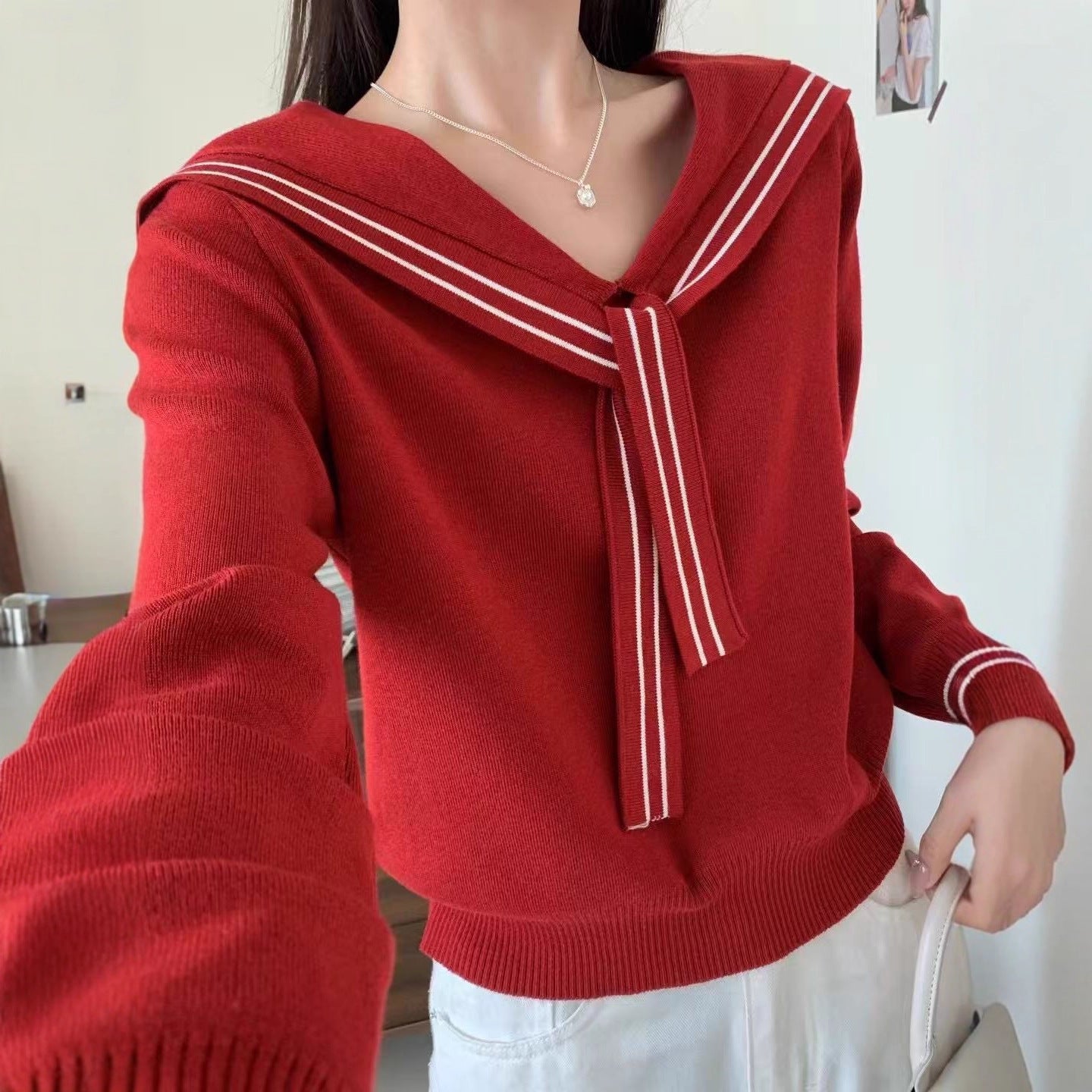 Sailor Collar Lace-up Striped Knitted Coat Women's Sweater
