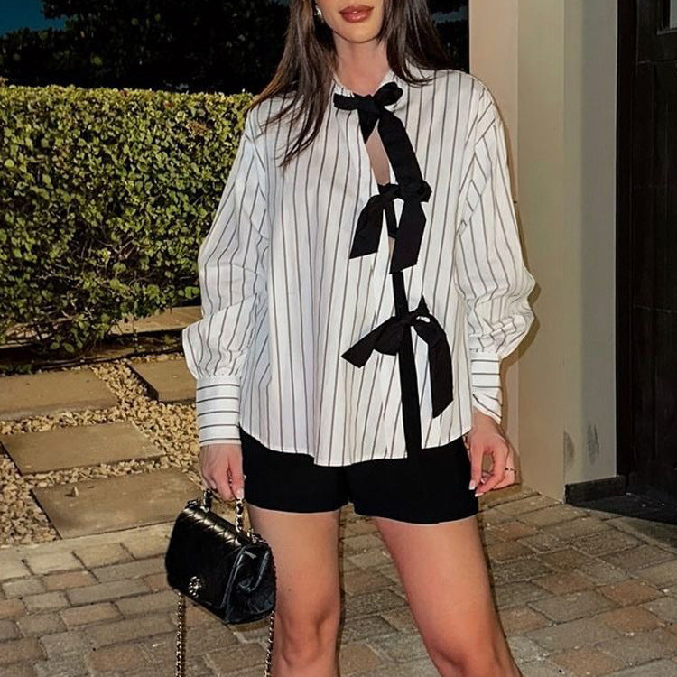 Lapel Long Sleeve Bowknot Lace Printing Striped Shirt
