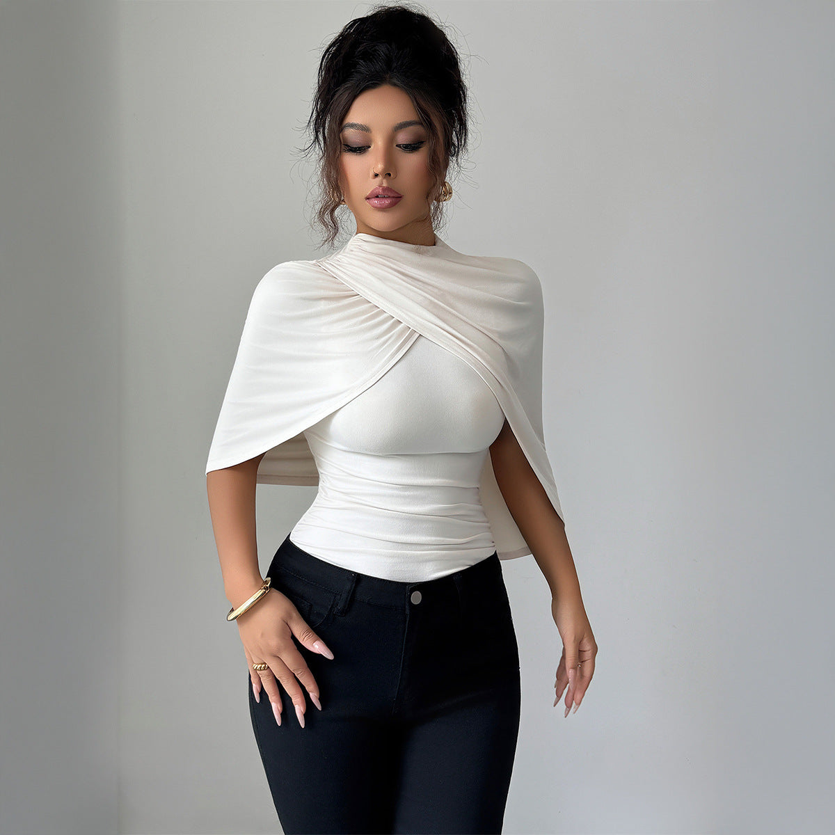 Solid Color Shawl Short-sleeved T-shirt Women's Autumn And Winter Advanced